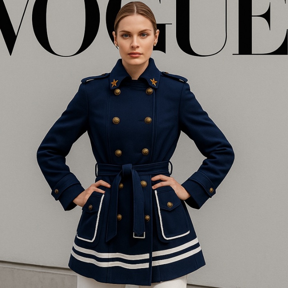 Desigual Navy Trench Coat with Gold Accents - PTP 20”
Length 31”